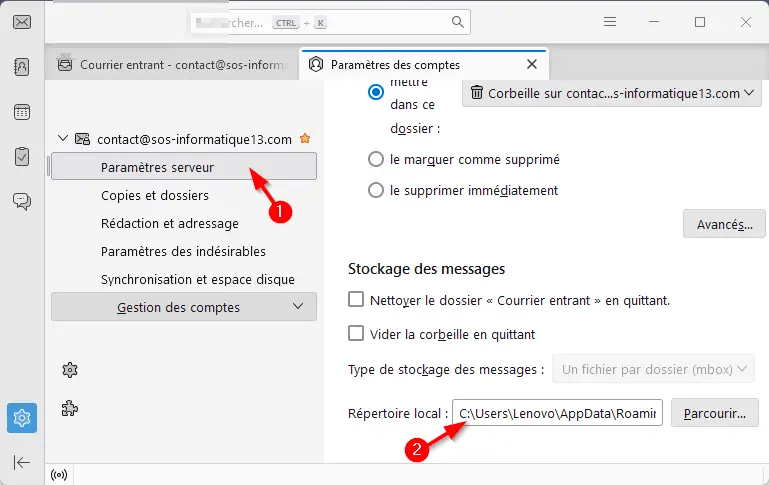 copier adresse repertoire local Thunderbird